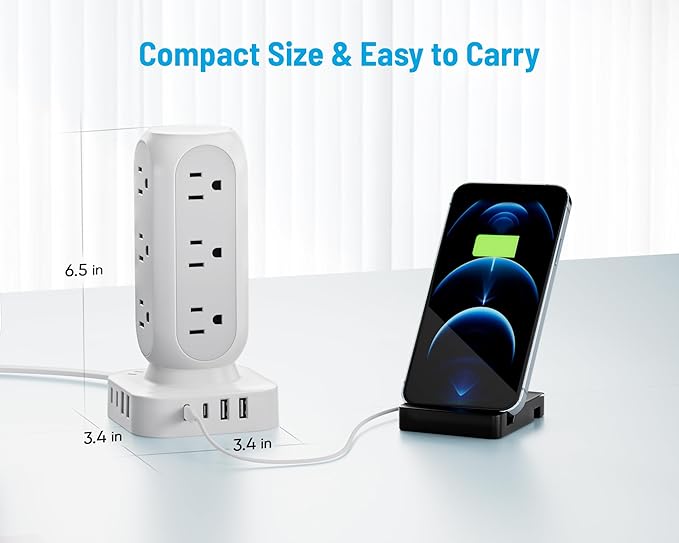 Flat Plug Power Strip Tower 10FT, 40W Total Fast Charging Station, Dual PD 20W USB-C Surge Protector with 12 AC Outlets and 8 USB Ports (4 USB C), Long Extension Cord for Home Office Dorm Room