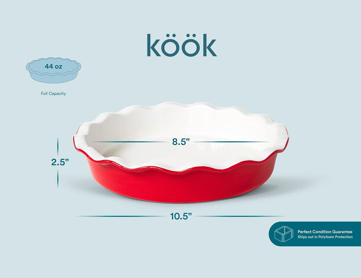 KooK Pie Dish, Pie Pan, Quiche Baking Dish, Ceramic Round, Deep Baking Dish, for Cakes, Tart, Microwave, Oven, Dishwasher Safe, 44 Oz, (Cherry)