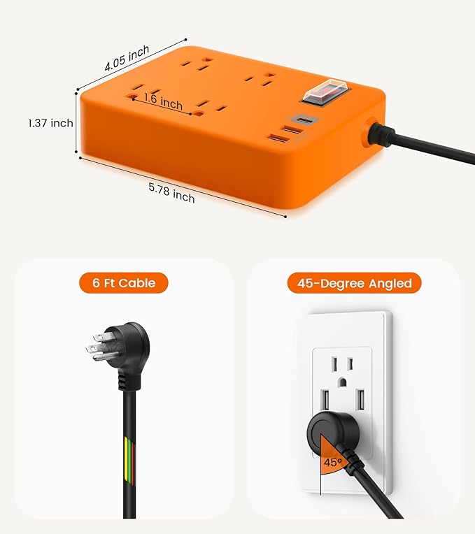 Outdoor Power Strip Weatherproof,Fast Charging Station 20W USB C,Waterproof Surge Protector 4 Outlets, Multi Outlet Extension for Camping, Garden, Kitchen,Bathroom,Flat Plug (Orange, 6 FT Cable)