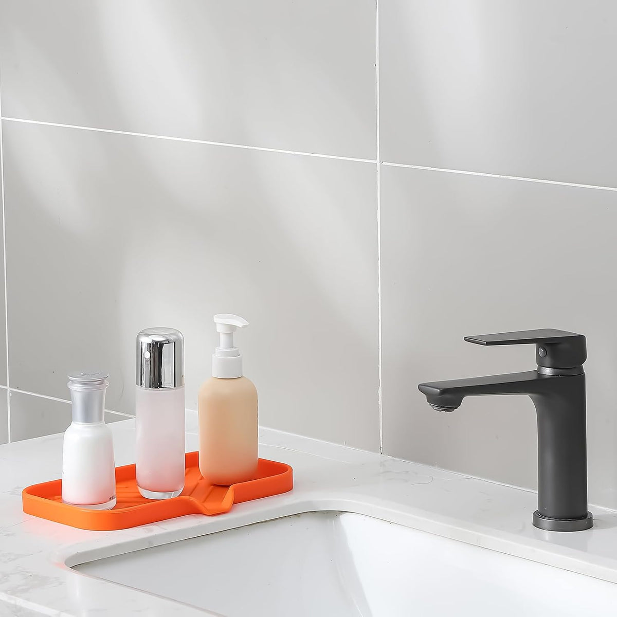 Silicone Bathroom Soap Dishes with Drain Spout-Bathroom and Kitchen Sink Organizer,Sponge Holder,Dish Soap Tray,Perfect for Dispenser,Scrubber,Bottle,Cup on Sink or Counter-Orange 9.6"ร5.3"