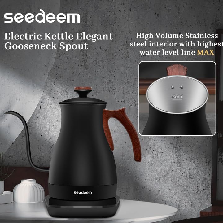 SEEDEEM Gooseneck Electric Kettle Full Touch Screen 1200W Electric Tea & Coffee Kettle with Four Heating Modes Rapid Heating,±1℉ Temperature Control,Keep Warm Mode,1L Electric kettle