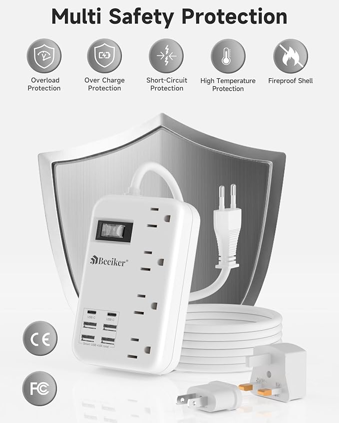 European Travel Plug Adapter, US to Europe Travel Power Strip with 6 USB(2 USB C) 4 Outlets, International Universal Travel Power Adapter with 3ft Extension Cord for EU UK France Italy Germany Cruise