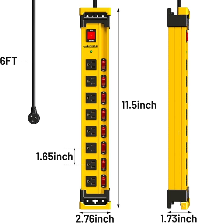 Plug'n 2 Packs 8 Outlet 2700J Surge Protector Power Strip with Individual Switches,Heavy Duty Garage Power Strip with Cord Manager,Flat Plug,6FT/14AWG Power Cord for Workshop,Shop,Home,Kitchen