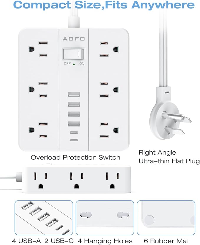 25FT Surge Protector Power Strip,12 AC Outlets with 6 USB Ports (2 USB-C), Flat Plug Extension Cord with Multiple Outlets, Wall Mount for Home Office,Dorm, White