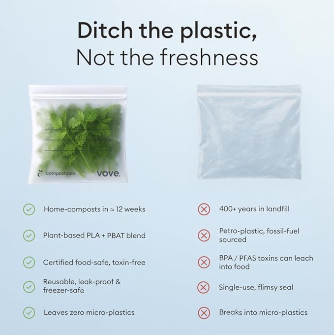 Vove Compostable Snack Bags, Small 50 Count – Freezer Safe, Leak Resistant, Non Toxic, Writable & Reusable Food Storage, Plastic-Free Eco Bags