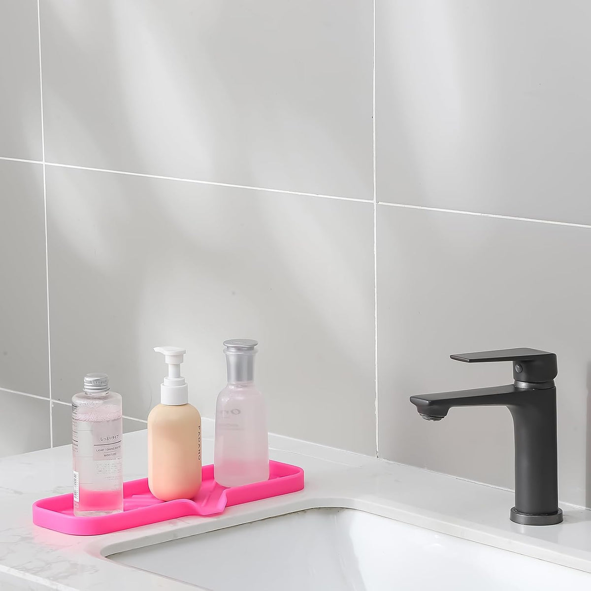 Silicone Bathroom Soap Dishes with Drain Spout-Bathroom and Kitchen Sink Organizer,Sponge Holder,Dish Soap Tray,Perfect for Dispenser,Scrubber,Bottle,Cup on Sink or Counter-Rose 12"ร4"
