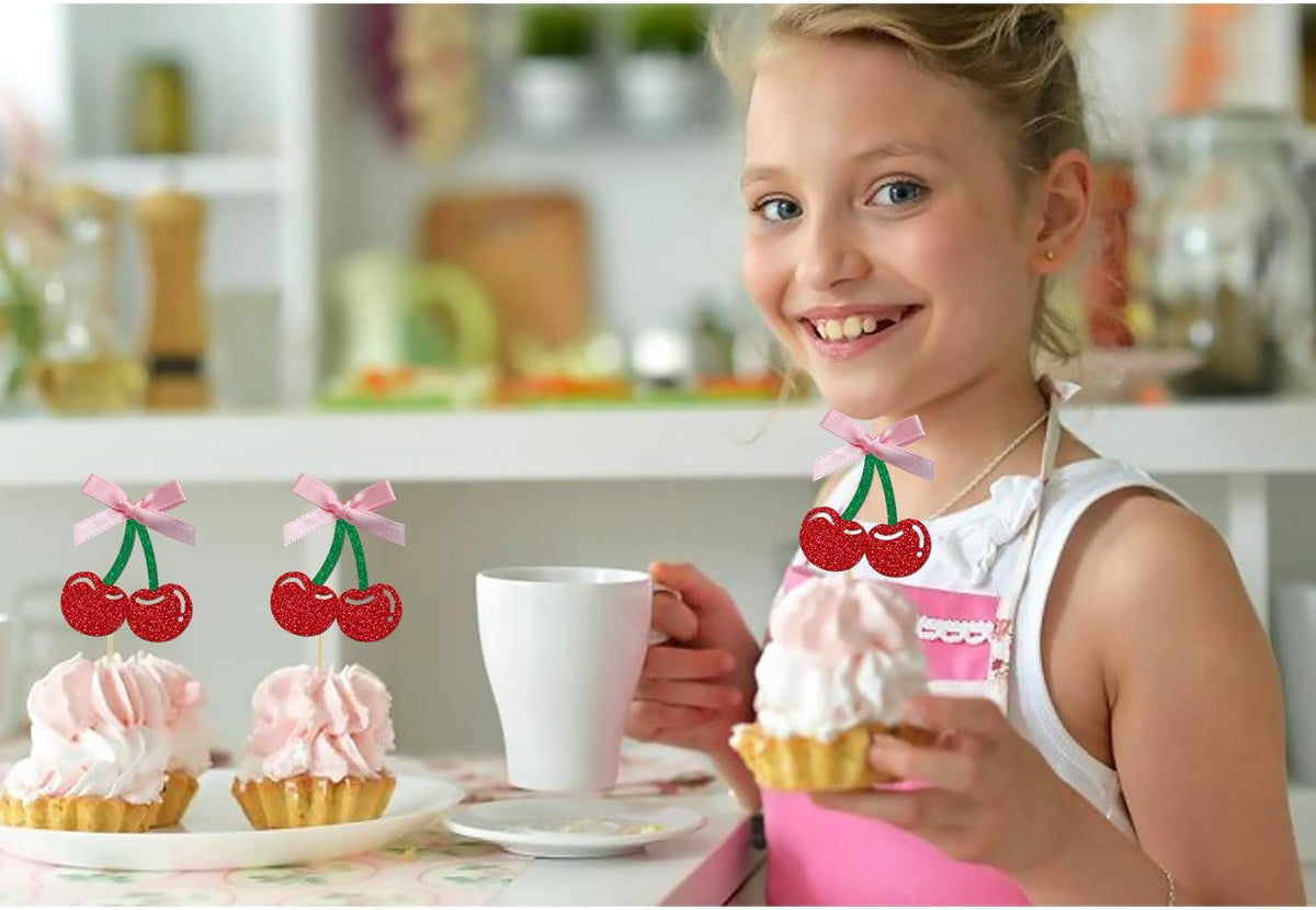 24 Pack Cherry Cupcake Toppers, Glitter Sweet Cherry Cupcake Pick for Fruits Theme Baby Shower and Birthday Decorations Supplies