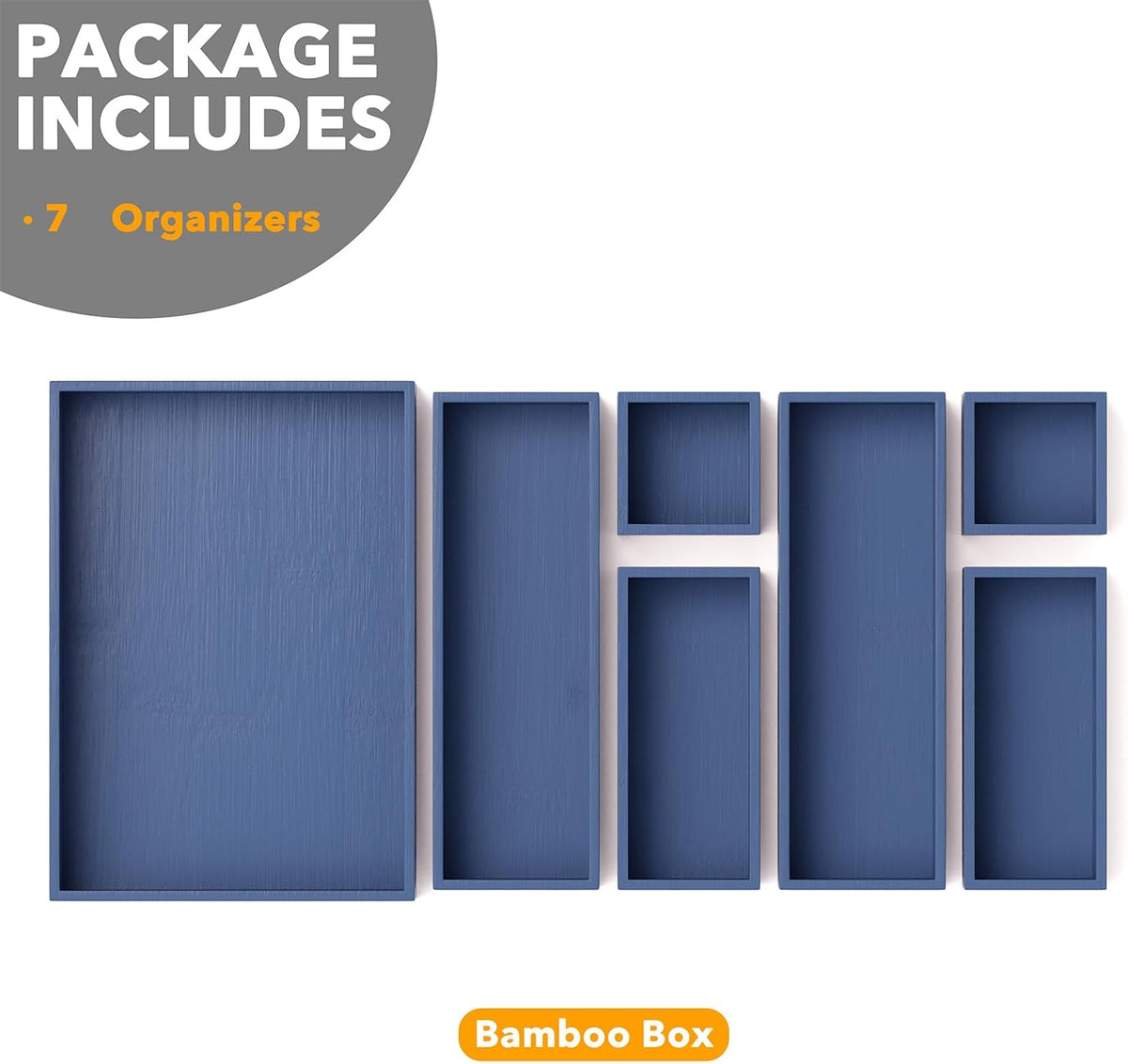 SpaceAid 7-Piece Bamboo Drawer Organizer Storage Boxes Set, Wood Tray Junk Drawer Organizers Multi-Use Divider Bins for Kitchen, Bathroom, Office Desk and Makeup Organization (7 Pack, Navy Blue)