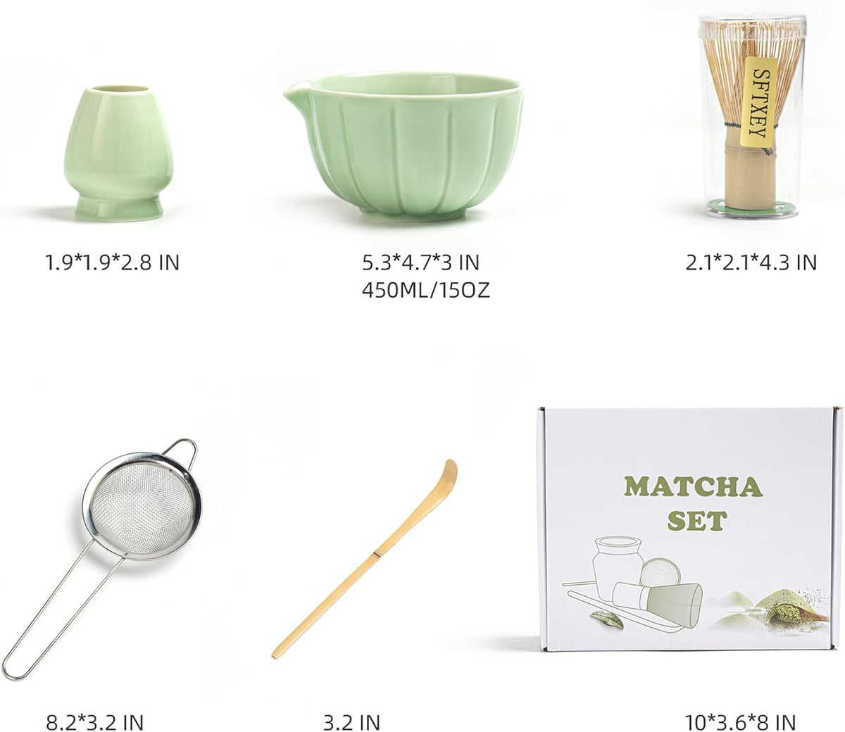Matcha Whisk Set, Matcha Bowl with Spout, Matcha Whisk, Chasen Holder, Sifter, Bamboo Scoop - 5 Pcs Perfect Matcha Making Kit for Matcha Lover and Tea Ceremony (Emerald Green)