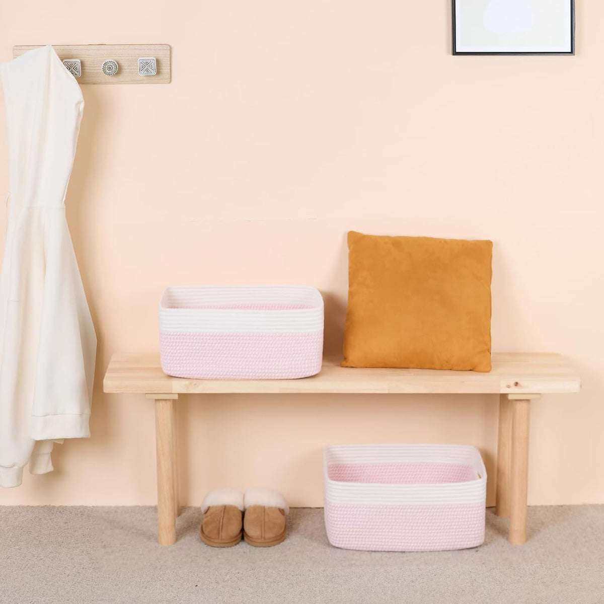 Large Storage Baskets for Shelves, Closet Organizers Bins for Clothes Blanket Towels, Baby Nursery, Toy Baskets Box, Woven Rope Baskets, 17 x 13 x 7.5β, 3 Packs Woven Pink