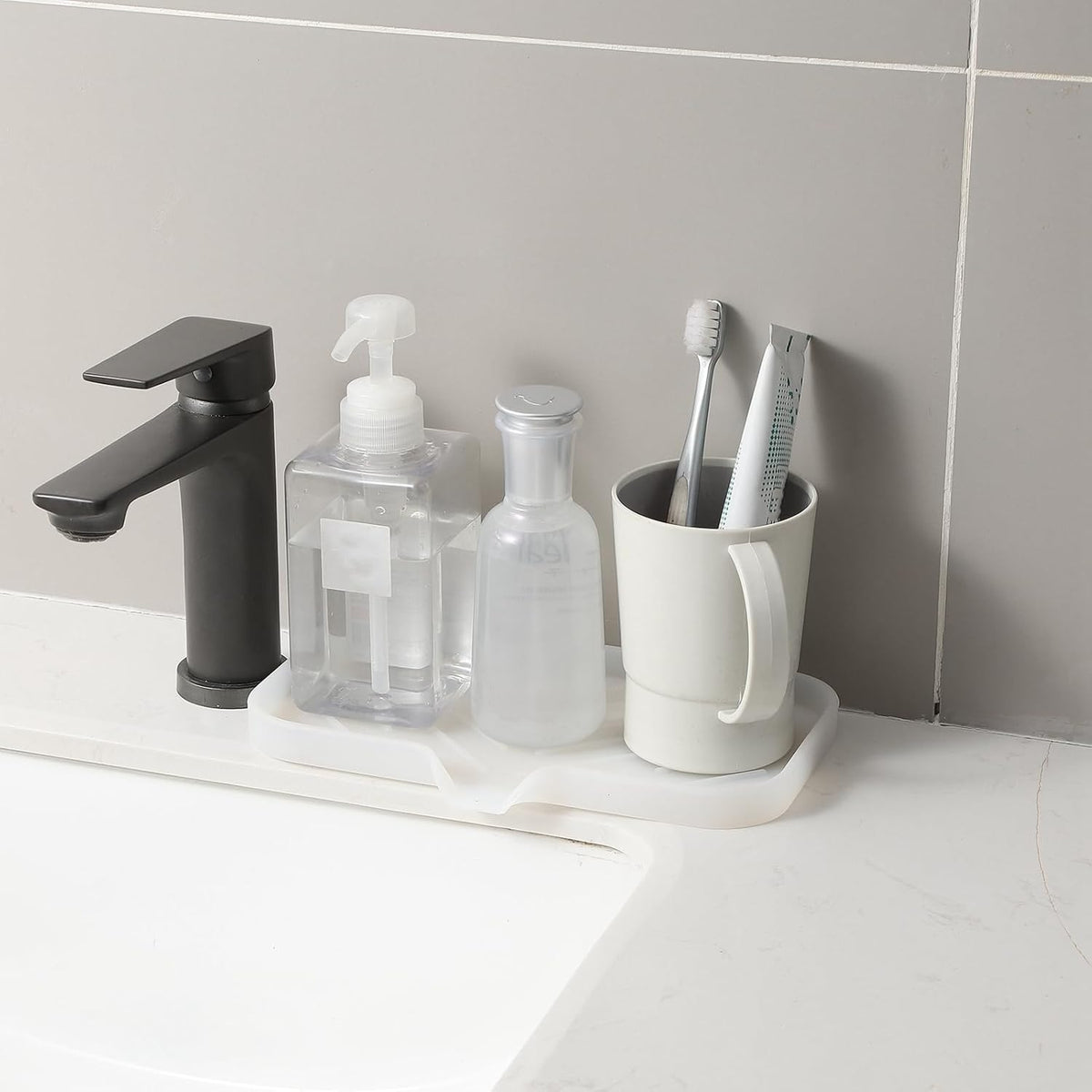 Silicone Bathroom Soap Dishes with Drain Spout-Bathroom and Kitchen Sink Organizer,Sponge Holder,Dish Soap Tray,Perfect for Dispenser,Scrubber,Bottle,Cup on Counter Translucent 9.6"ร5.3"