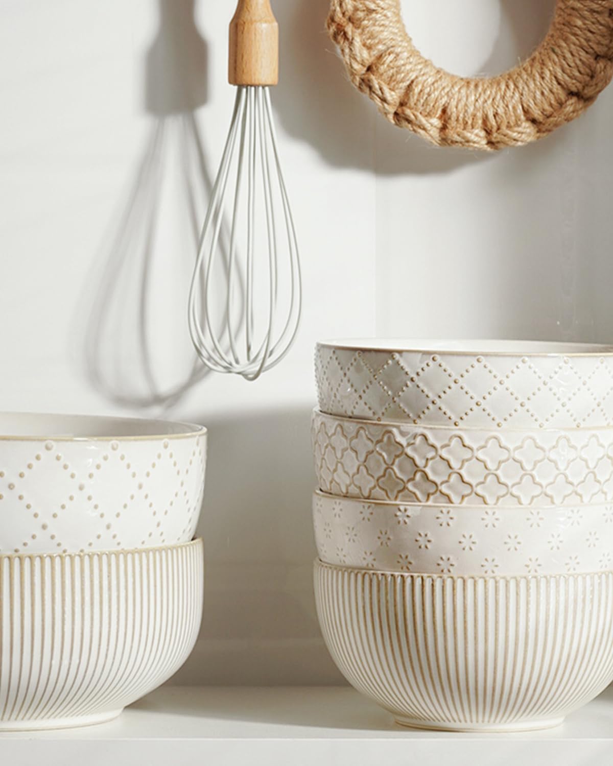 getstar Large Serving Bowls (9.5 inch & 92 fl oz), Ceramic Salad Bowl Set of 2, Microwave and Dishwasher Safe, Farmhouse Kitchen Decorative Bowls Set (Embossed Checks & Stripes)