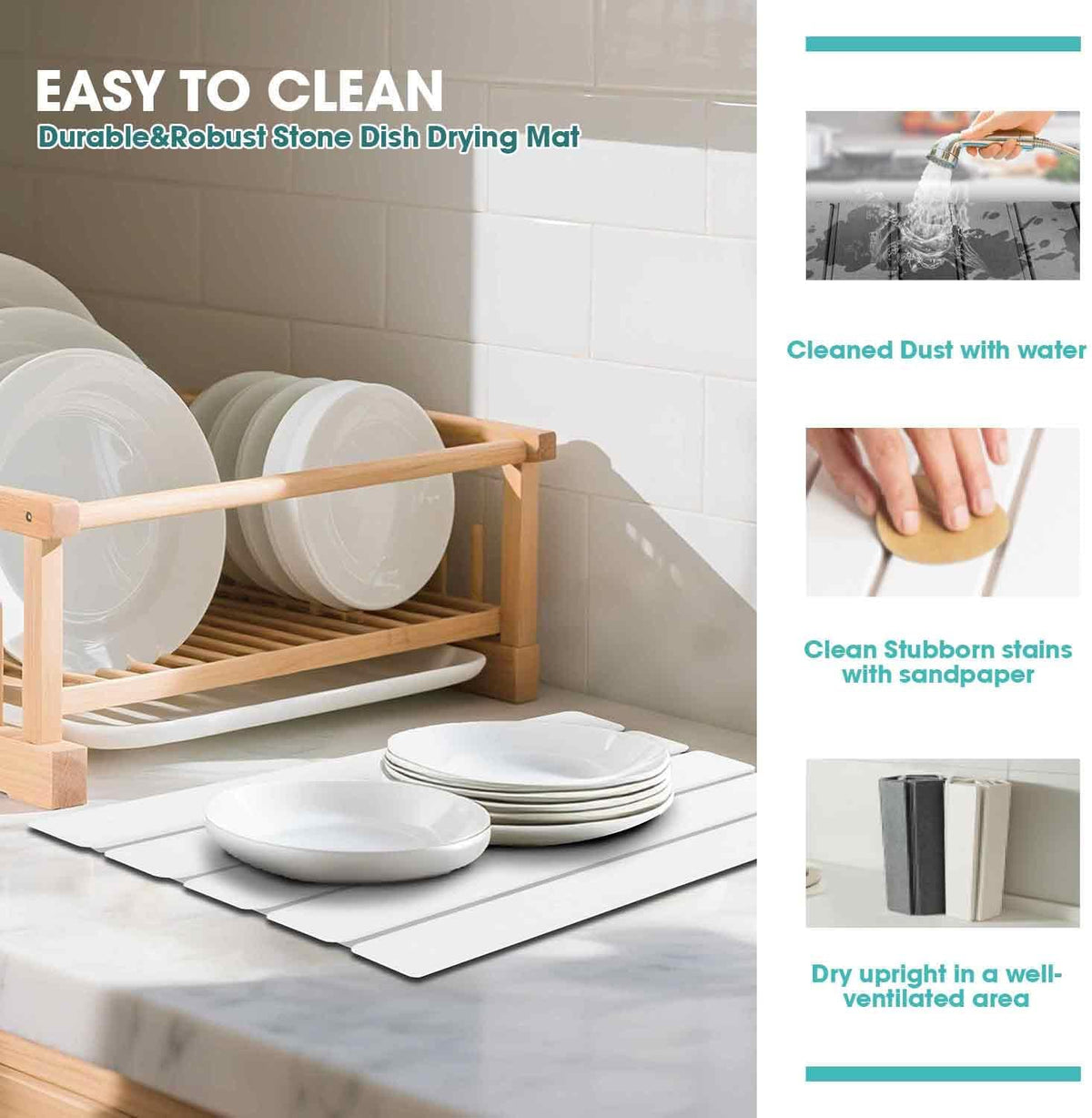 Dish Drying Mat Stone Bath Mat Diatomaceous Earth Stone Drying Mat For Kitchen Counter Sink Bath Mat Quick Dry Non Slip Foldable Dish Drying Rack Mat Small(16"ร12" White)