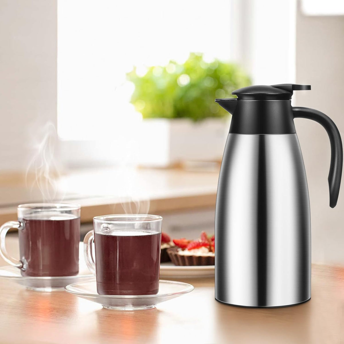 1 PCS 68 OZ Thermal Coffee Carafe, Insulated Stainless Steel Coffee Carafe Double Walled Vacuum Thermal Pot Flask with Brushes Thermos for Keeping Hot Coffee Tea Home and Office (Silver)