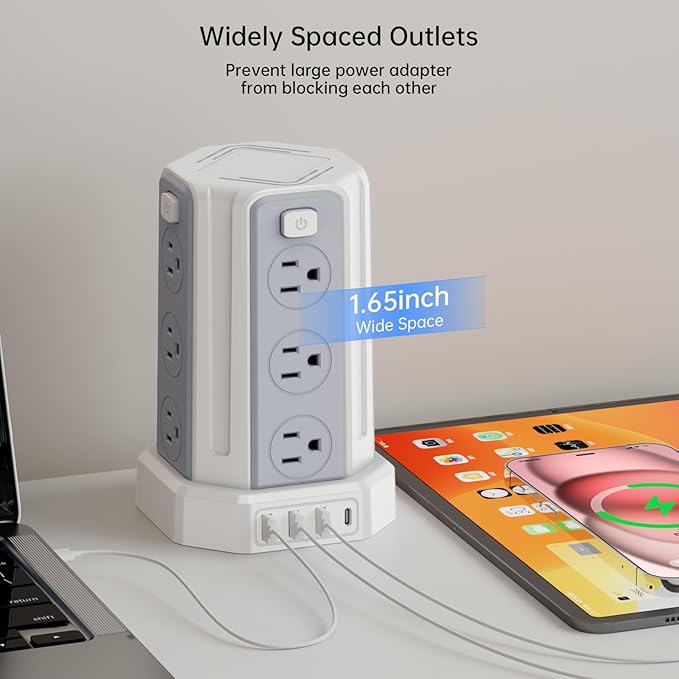 Power Strip Surge Protector, 10 Ft Extension Cord with 12 AC Multiple Outlets 4 USB (1 USB C), SMALLRT Power Tower Desktop Charging Station (White, 10 FT PD20W)