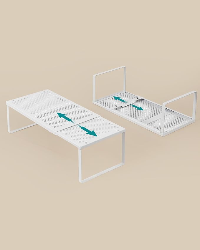 SONGMICS Spice Racks, Set of 2 Expandable Kitchen Countertop Shelves, Small Cupboard Organizers, Metal, Space-Saving Tabletop Shelves, Matte White UKCS402W01