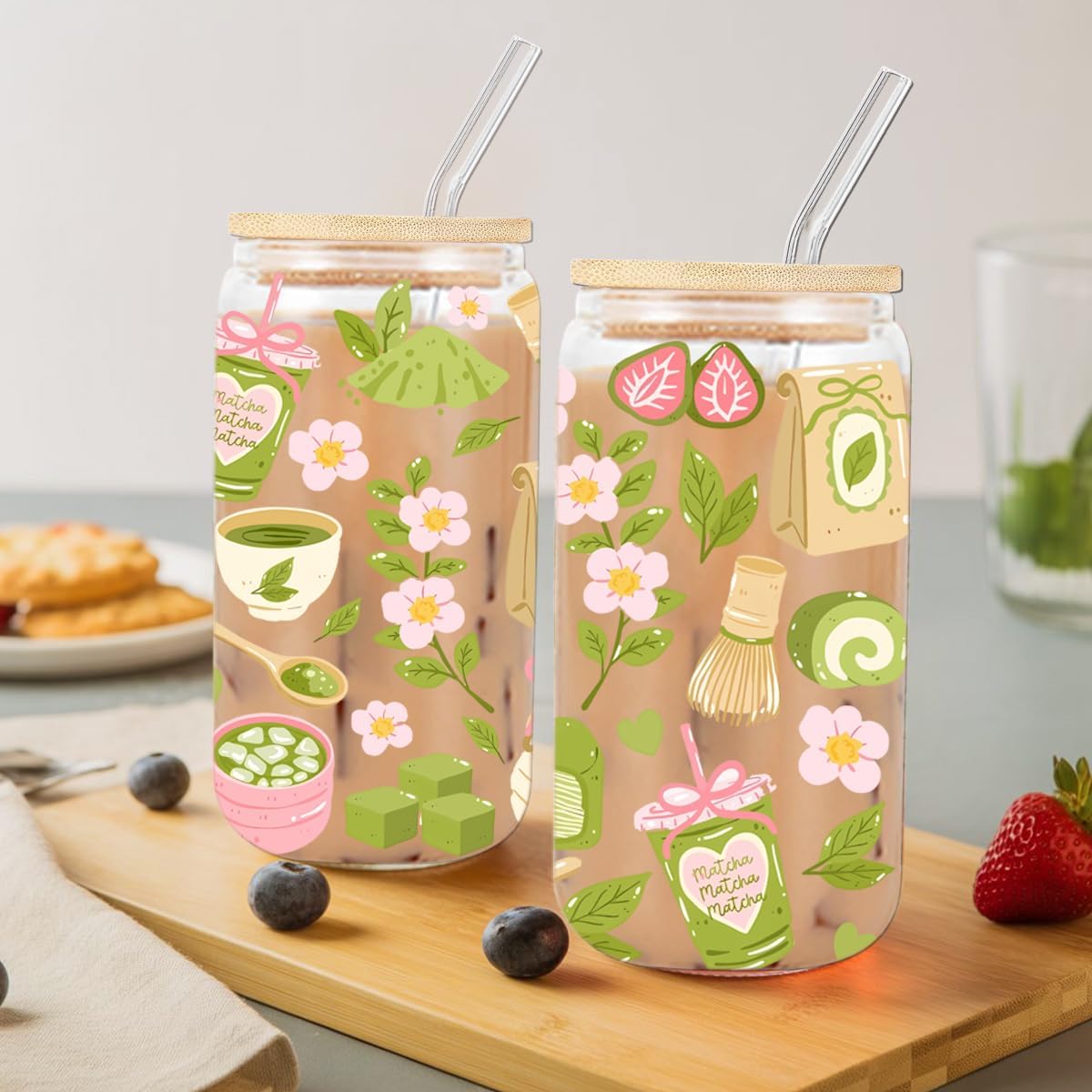 Matcha Girly Glass Cup, Matcha Lovers Gift, Kawaii Latte Girly Glass Tumbler, 16 oz Cafe Aesthetic Iced Coffee Cup with Lid Straw
