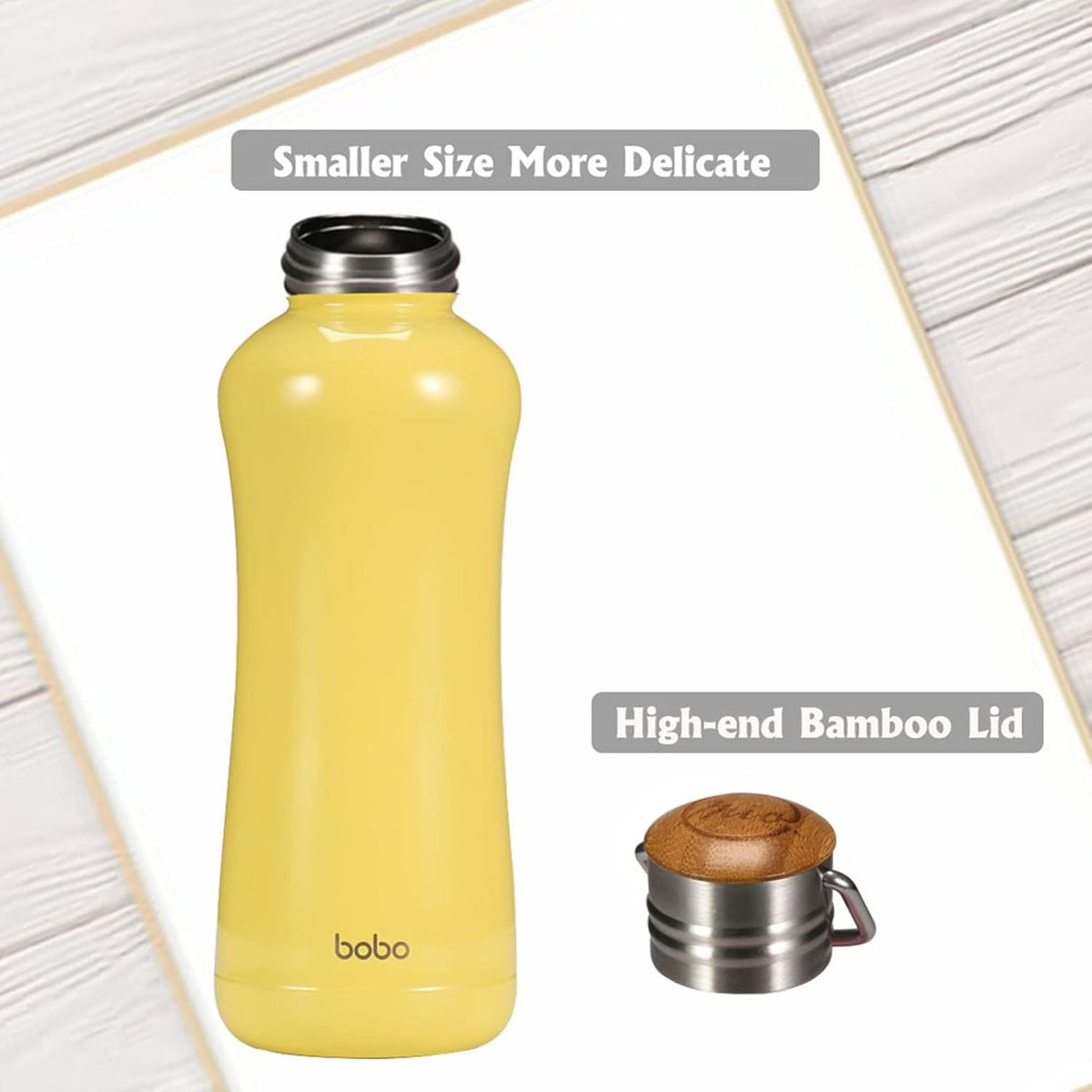 YOHKOH Mini Insulated Water Bottle With Bamboo Lid - 11.8oz Small Vacuum Insulated Water Bottle for Women Kids, 12 Hrs Hot & 24 Hrs Cold Stainless Steel Thermos Leak-Proof BPA-Free (11.8oz,Yellow)