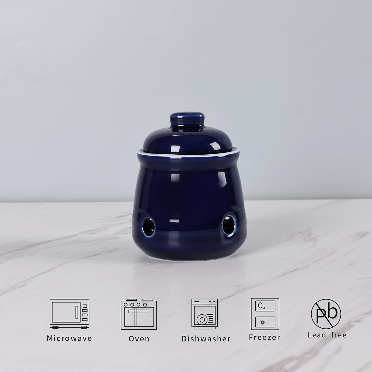 HAOTOP Ceramic Mini Garlic Keeper with Lid, Garlic Container Saver for Countertop, Keep Your Garlic Cloves Fresh (Navy)