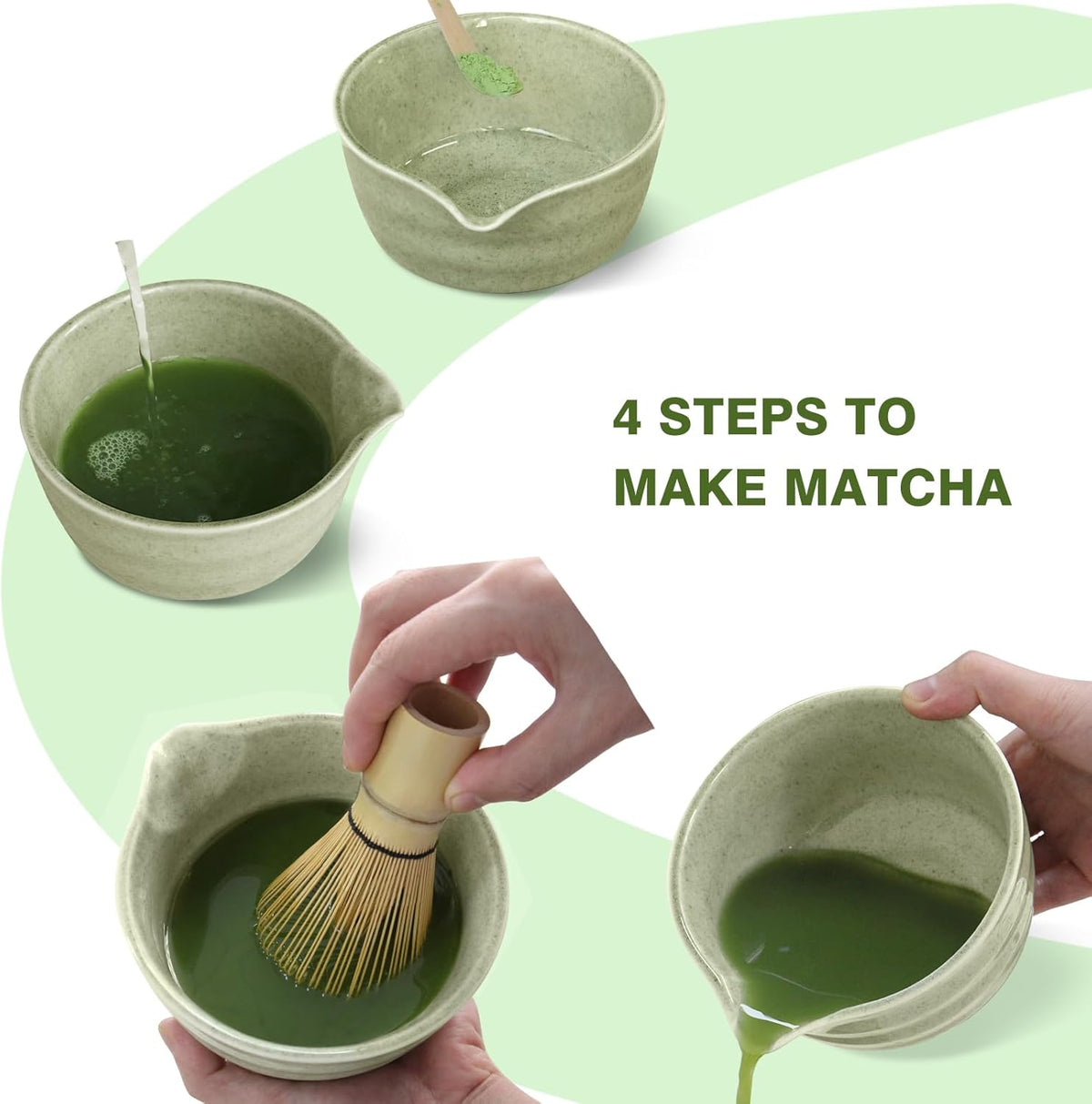 Matcha Whisk Set, Japanese Tea Set includes Matcha Bowl with Spout, Matcha Whisk and Holder, Bamboo Matcha Scoop - 4 Pcs Ceremonial Grade Matcha kit for Matcha Tea Lovers (Jade Green)