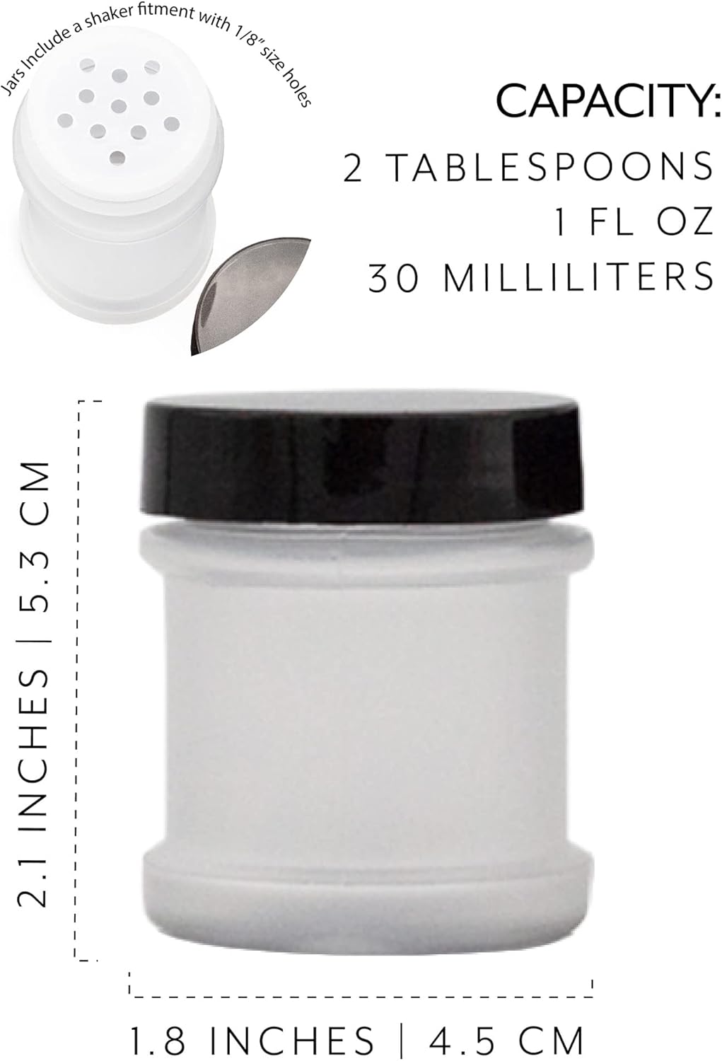 Cornucopia Brands Mini Plastic Spice Jars w/Sifters (12-Pack, Black); 2 Tablespoon Capacity (1 Fluid Ounce) Spice Bottles for Travel, Glitter, Gifts, Favors