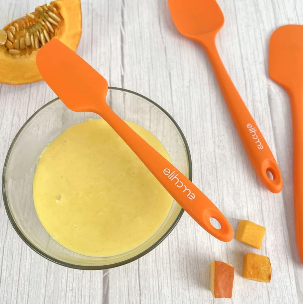 Elihome Chef Series 3 Piece Silicone Spatula Set - 600°F Heat Resistant Non Stick Rubber Kitchen Scraper Spatulas for Cooking, Baking, and Mixing – BPA Free and LFGB Certified Silicone (Orange)