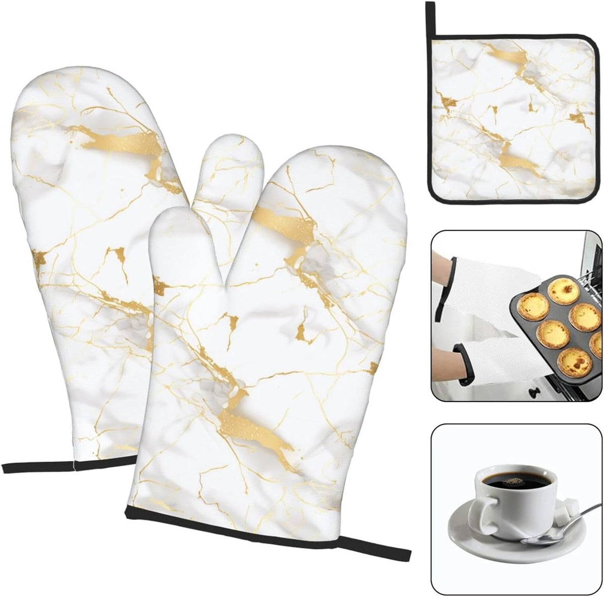 White Gold Marble Oven Mitts and Pot Holders Sets of 3 Heat Resistant Oven Gloves Hot Pads Non-Slip Kitchen Accessories for Baking Cooking Grilling BBQ