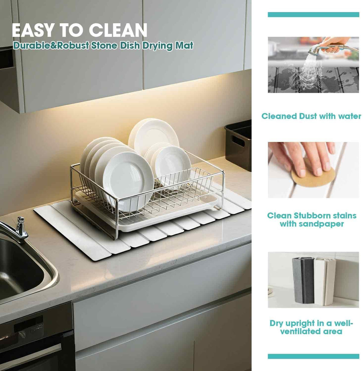 Dish Drying Mat Stone Bath Mat Diatomaceous Earth Stone Drying Mat For Kitchen Counter Sink Bath Mat Quick Dry Non Slip Foldable Dish Drying Rack Mat Large(24"ร16" White)