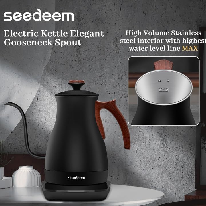 SEEDEEM Gooseneck Electric Kettle, 1L 1200W Touch Screen Pour-Over Kettle with 4 Heating Modes, ±1℉ Temp Control, Keep Warm Function, for Tea & Coffee, Black