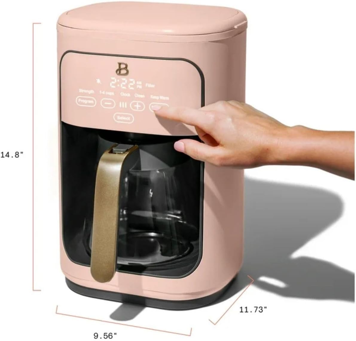 Beautiful Coffee Maker, 14-Cup, Touch Display, Programmable, 1200W, Stainless Steel, Keep Warm, 24h Timer dishwasher-safe (Rose)