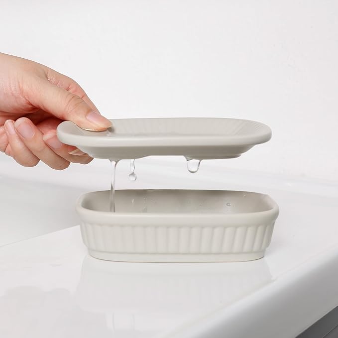Soap Dish, Self-draining Bar Soap Holder, Ceramic Double Layer Soap Dishes for Bar Soap, Draining Soap Dish for Bathroom Shower Kitchen, Minimalist Vintage Style, Keep Soap Dry, Grey, ANTIS'S HOME