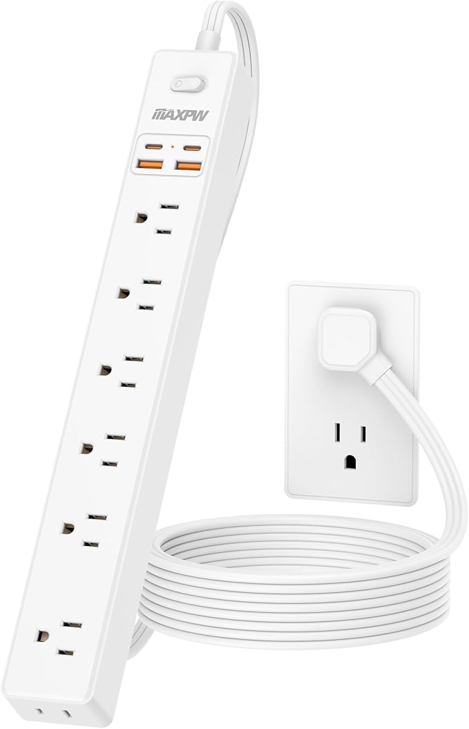 10 Ft Power Strip Surge Protector - 7 Outlets 4 USB Ports (2 USB C), Ultra Thin Flat Extension Cord & Flat Plug, 1700 Joules, Wall Mount, Desk Charging Station for Home Office Dorm, White