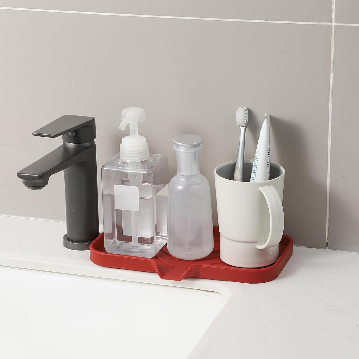 Silicone Bathroom Soap Dishes with Drain Spout-Bathroom and Kitchen Sink Organizer,Sponge Holder,Dish Soap Tray,Perfect for Dispenser,Scrubber,Bottle,Cup on Sink or Counter-Red 9.6"ร5.3"