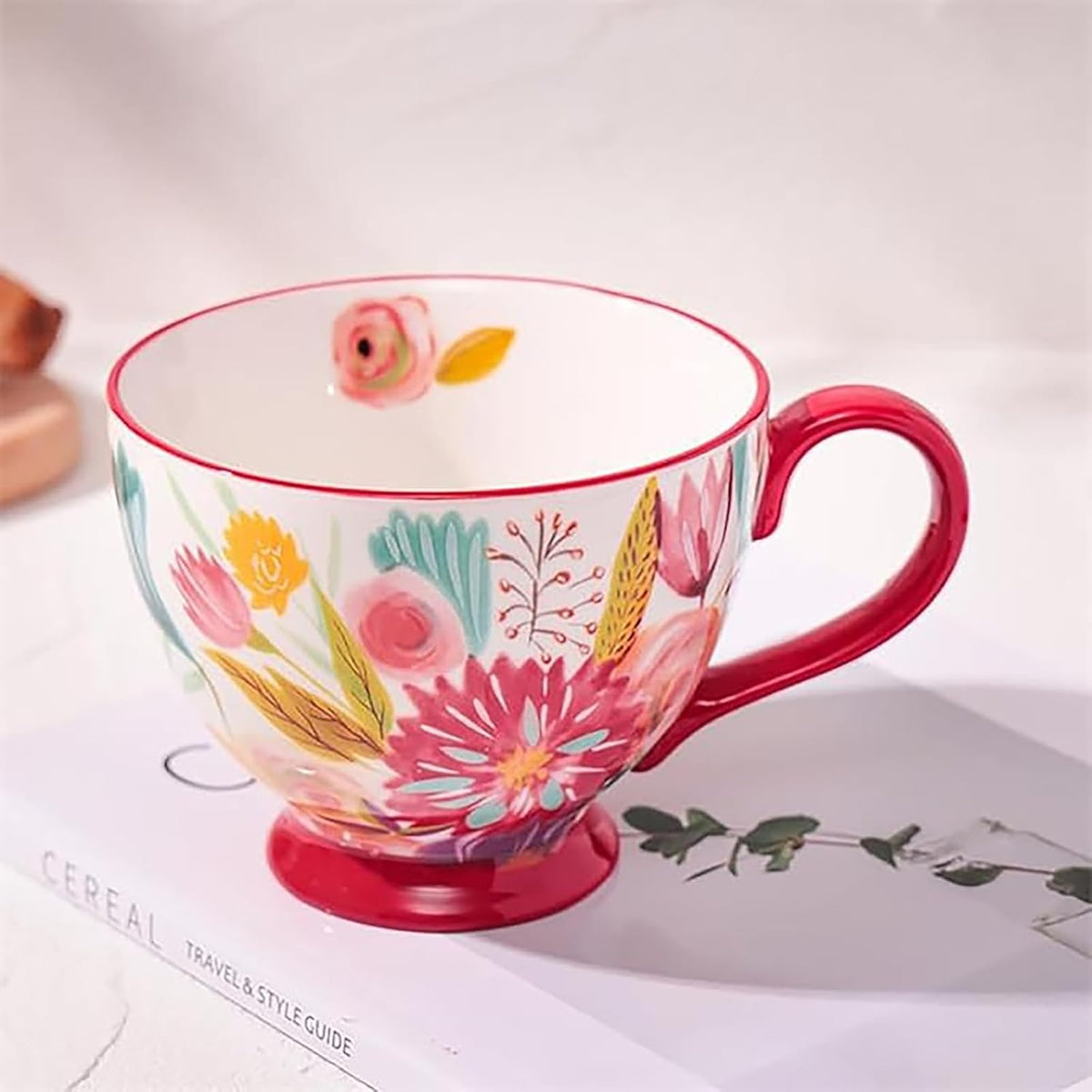 Vintage Flower Mugs β Large Ceramic Coffee Mug (15oz) β Cute Cereal Cup for Breakfast, Oatmeal Tea & Hot Drinks β Handmade Ceramic Cup with Floral Design