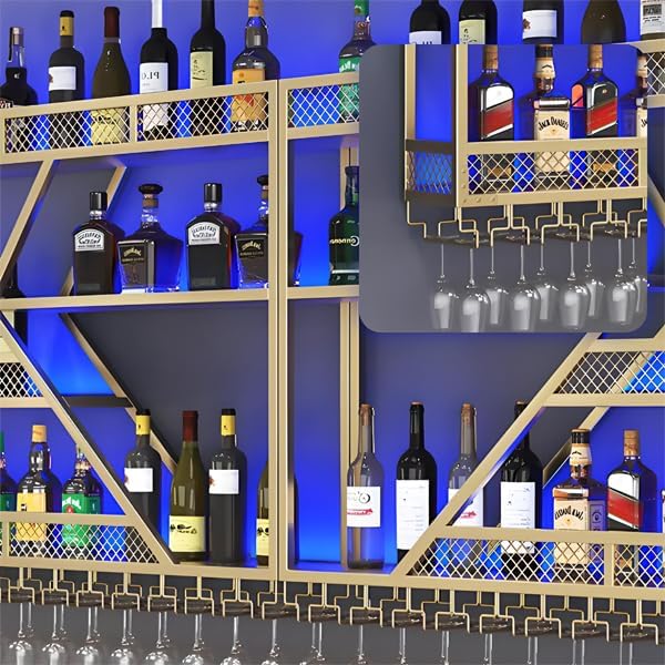 94.48in Metal Wine Rack Wall Mounted, Modern Wine Storage Rack Wall Mounted with Wine Glass Holder, Liquor Shelf, Bar Shelves for Liquor Bottles (4 Tiers Black, 94.48 * 7.87 * 33.85INCH)