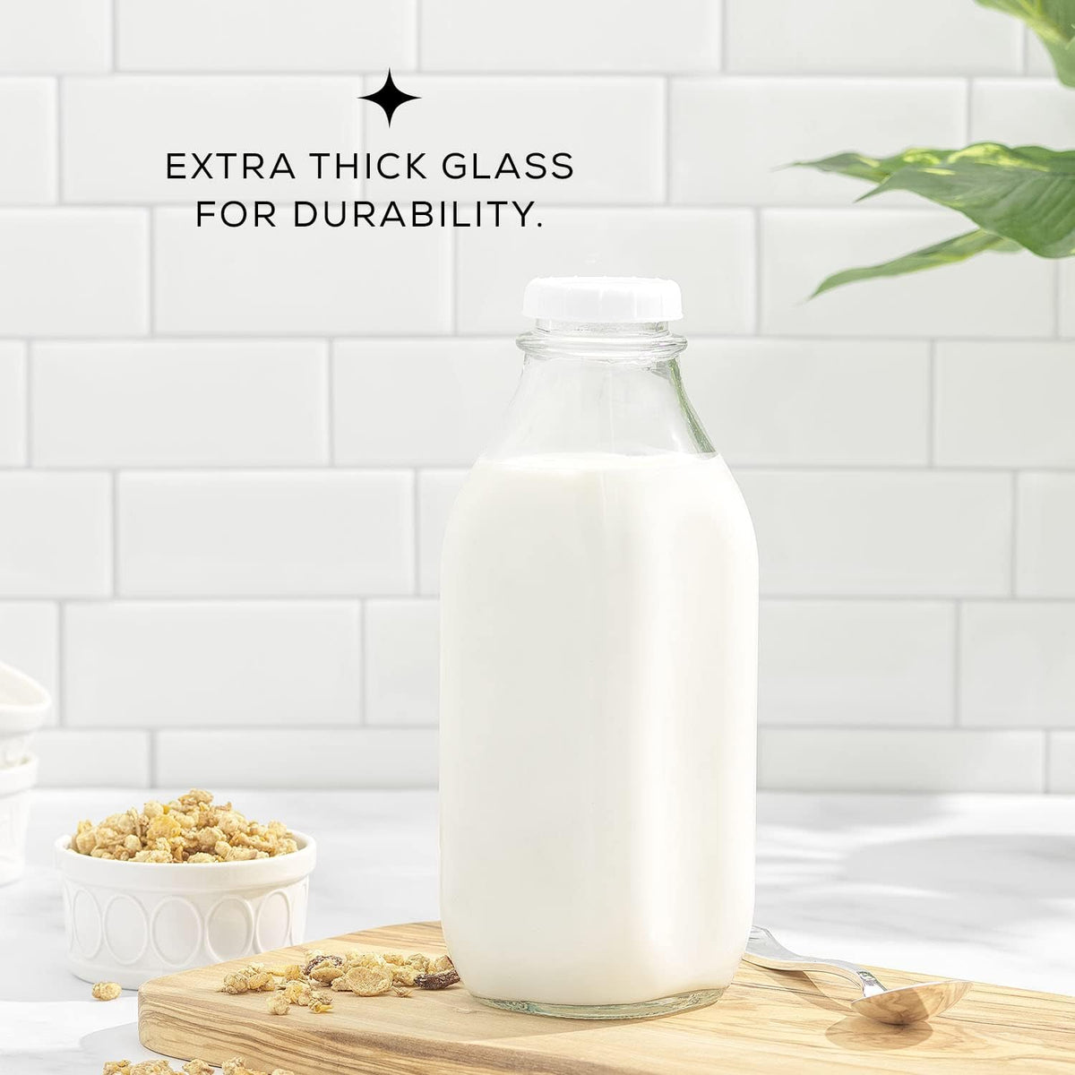 JoyJolt Glass Milk Bottles with Lids and Pourer – 32 Oz, 3 Pack Airtight Heavy Duty Reusable Glass Bottles, Leakproof, BPA-Free, Food Grade, Dishwasher Safe Jug, Pitcher for Milk, Juice, and Water