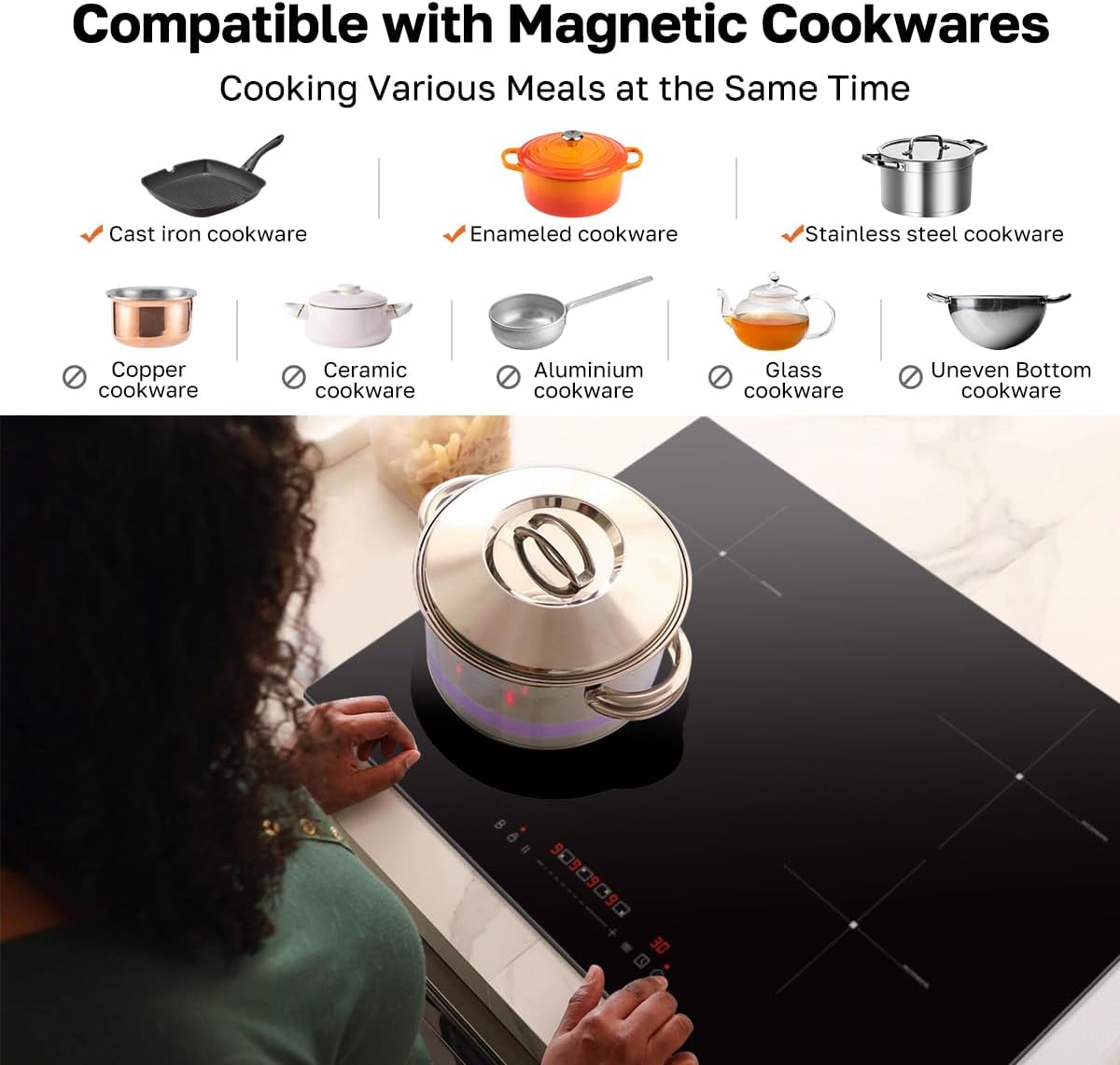 ThermoMate 30 Inch Induction Cooktop, 7200W Built in Induction Stove Top, Electric Cooktop with 4 Boost Burner, 9 Heating Level, Timer & Child Safety Lock, Sensor Touch Control, 240V