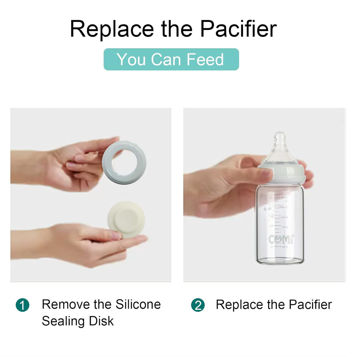 COMI Wide Neck Glass Breastmilk Collection n Storage Bottle, 6oz with Screw Ring Sealing Disk; Re-markable Sealing Disc. BPA Free, Fits Breast Pumps & Nipples (2 Pack Gray Lids)