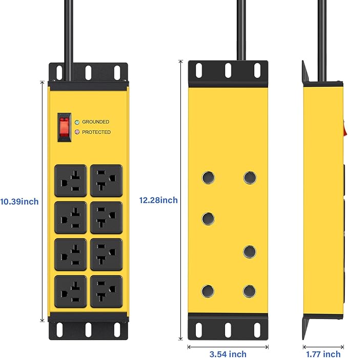 CCCEI Magnetic Heavy Duty Power Strip Surge Protector 20Amp, 12 Gauge High Amp Extension Outlets, Garage Wall Mount 8 Plug Metal Power Strip. 10FT, Yellow, 5-15P Adapter 6-20R T-Slot 20a for Appliance