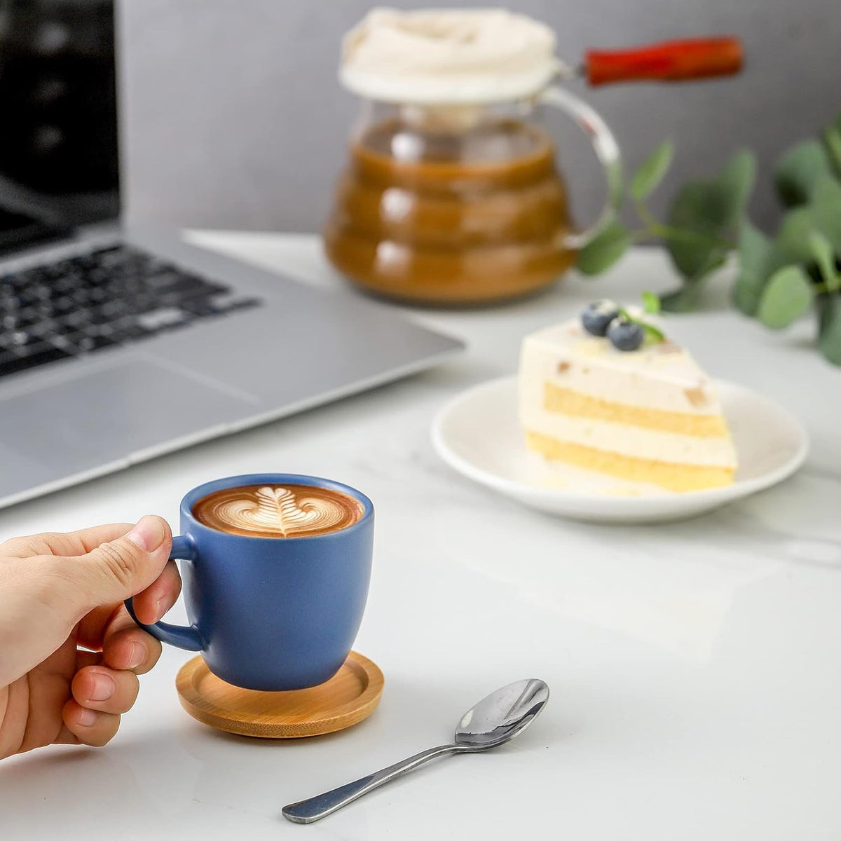 Hasense Espresso Cups and Saucers Set of 6, Demitasse Cups with Handle for Coffee Drinks, Latte, Cappuccino, Cafe Mocha and Tea, 4 Ounce Porcelain Coffee Cups for Coffee Bar Home and Party, Blue