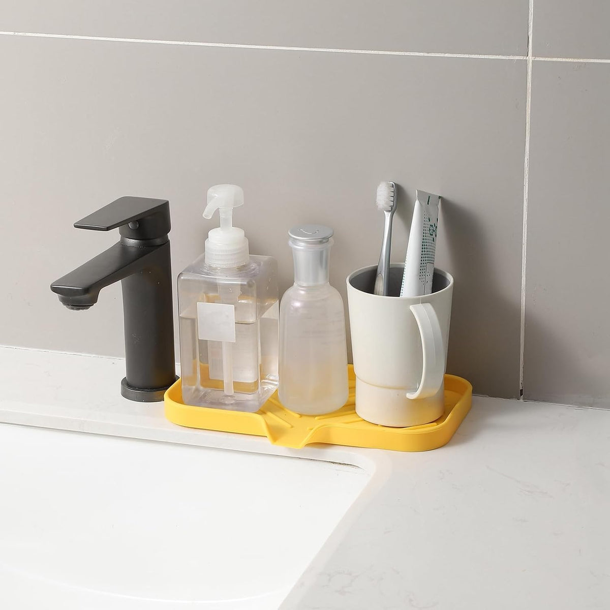 Silicone Bathroom Soap Dishes with Drain Spout-Bathroom and Kitchen Sink Organizer,Sponge Holder,Dish Soap Tray,Perfect for Dispenser,Scrubber,Bottle,Cup on Sink or Counter-Yellow 9.6"ร5.3"