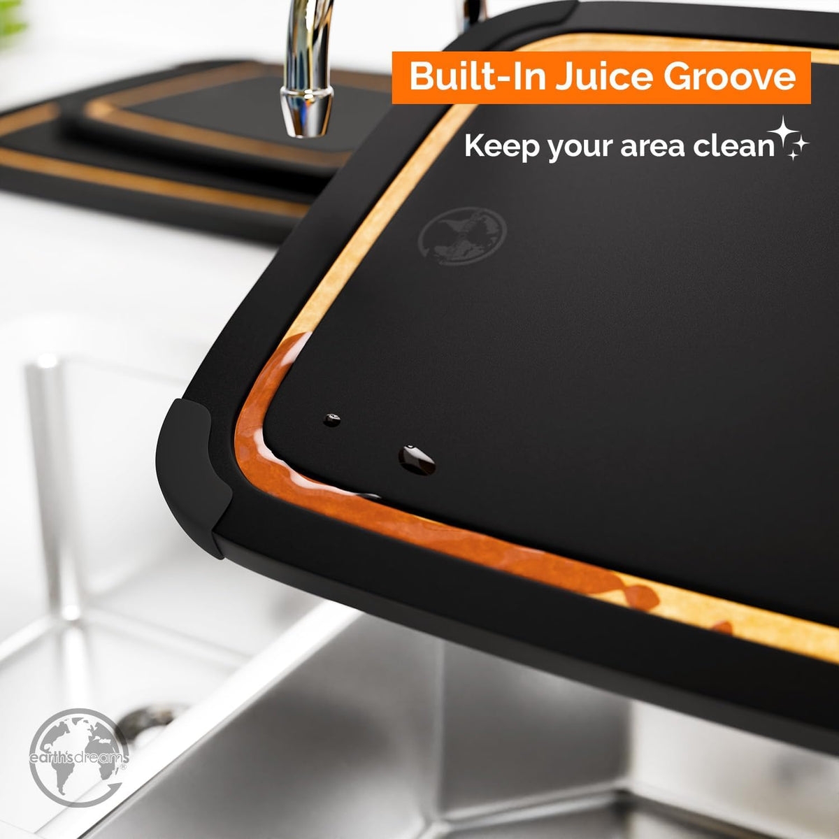 Earth’s Dreams Wood Cutting Board Set 3-Piece: Small, Large & Extra Large - Charcuterie Board, Non-Plastic, Non-Toxic, Heavy-Duty, Dishwasher Safe (Black/Tan)