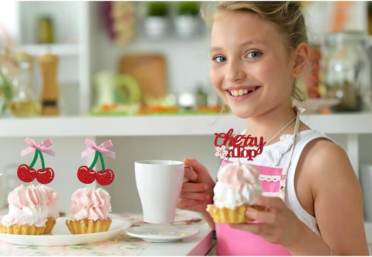 24 Pack She's the Cherry On Top Cupcake Toppers, Glitter Cherry Sweet Cake Pick for Fruits Theme Baby Shower and Bridal Shower Decorations Supplies (Ribbon Top)