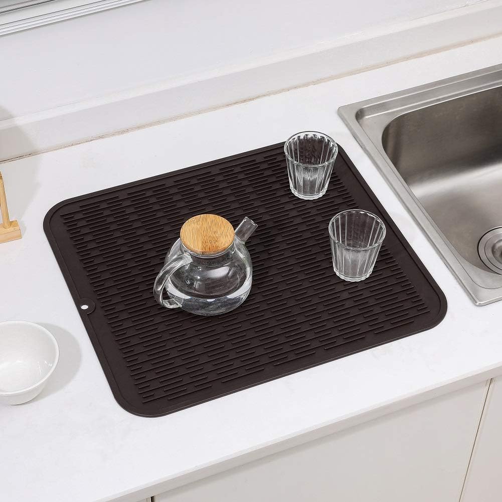 Silicone Dish Drying Mat for Multiple Usage,Easy clean,Eco-friendly,Heat-resistant Silicone Mat for Kitchen Counter or Sink,Refrigerator or Drawer Liner Coffee XL 18 inches x 16 inches