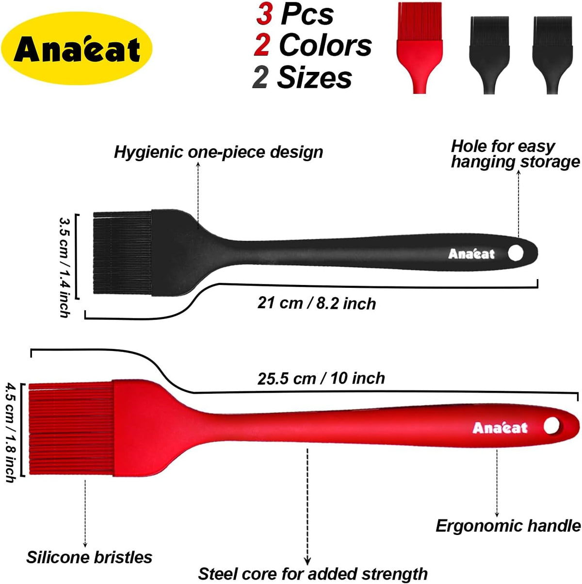 Anaeat High Heat Resistant Silicone Basting Pastry Brush Set of 3- Hygienic One-Pieces Design Spread Oil Butter for BBQ Grill Barbecue Baking Kitchen Cooking - BPA Free & Dishwasher Safe (10"+8.2")