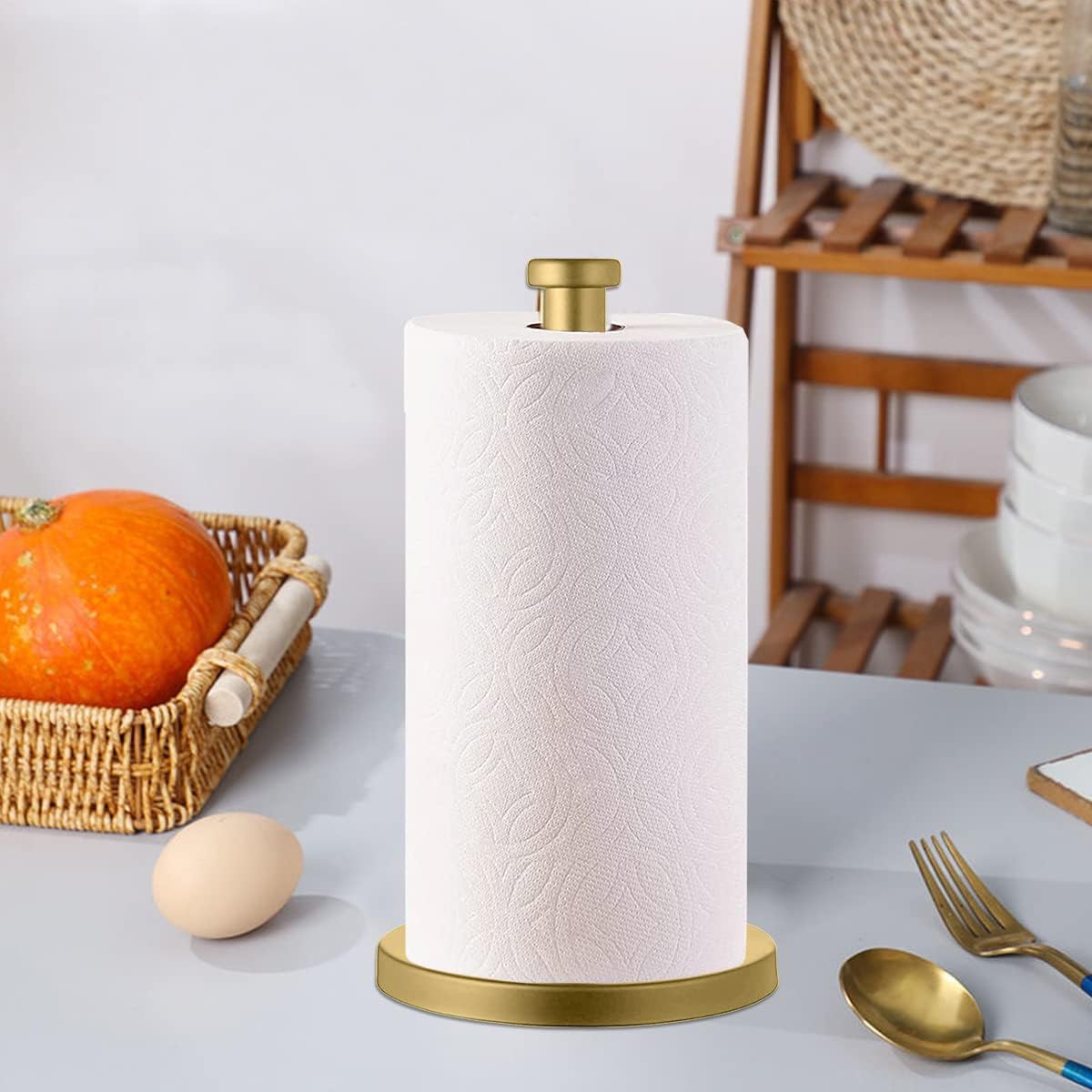 Stainless Steel Gold Paper Towel Holder Countertop for Kitchen Bathroom, Standing Paper Towel Holder with Weighted Base.