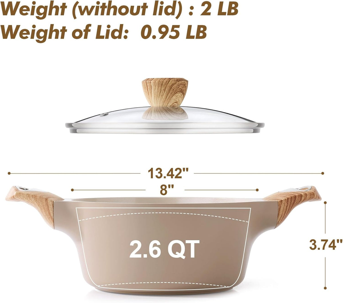 SENSARTE Ceramic Nonstick Stock Pot with Lid, 2.6/4.5/6.6 QT Soup Pot Casserole Pot, Non-toxic Healthy Pasta Pot, Large Cooking Pot Stew Pot, Induction Compatible, PFOA PFAS PTFE Free, Taupe