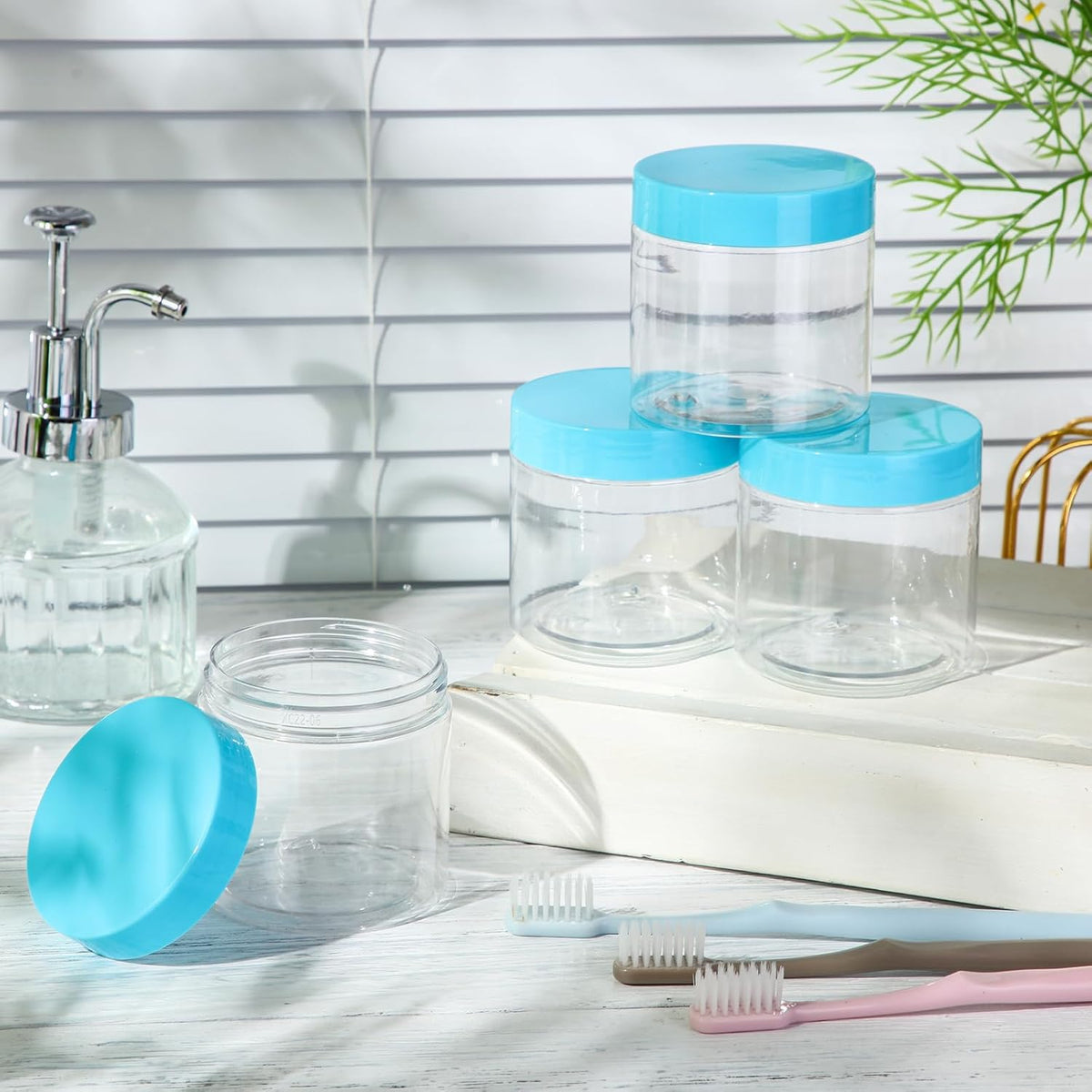 Patelai 4 Pieces Round Wide-mouth Leak Proof Plastic Container Jars with Lids for Travel Storage Makeup Beauty Products Face Creams Oils Salves Ointments DIY Making(12 Ounce,Blue)
