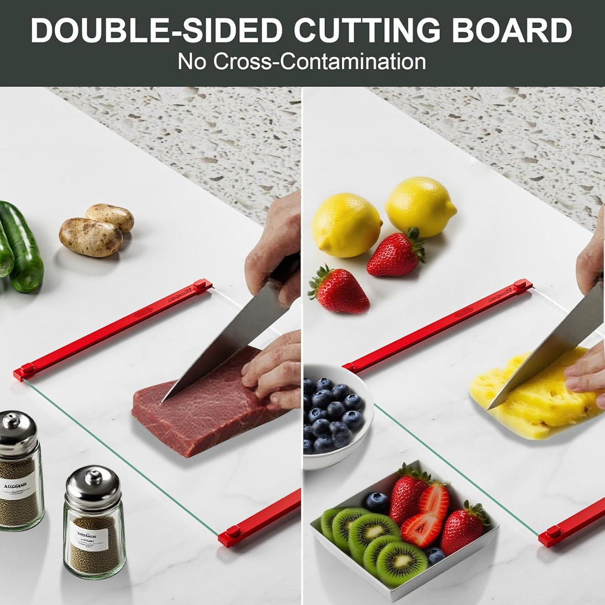 Glass Cutting Board with Silicone Grip, 80% Stronger Shatter Resistance and Slip Resistance,No Scratches/Microplastic-Free,Dishwasher Safe, Non Toxic Cutting Board for Kitchen (Red-12 * 8"&16 * 12")
