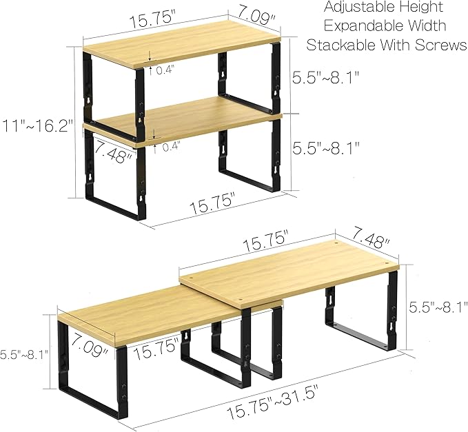 Expandable Kitchen Cabinet Organizer Shelves – Stackable Adjustable Metal and Wood Storage Racks for Countertop, Pantry, Garage Set of 2 Spice Rack – Easy Assembly, Space-Saving(2 Packs/Large/Black)